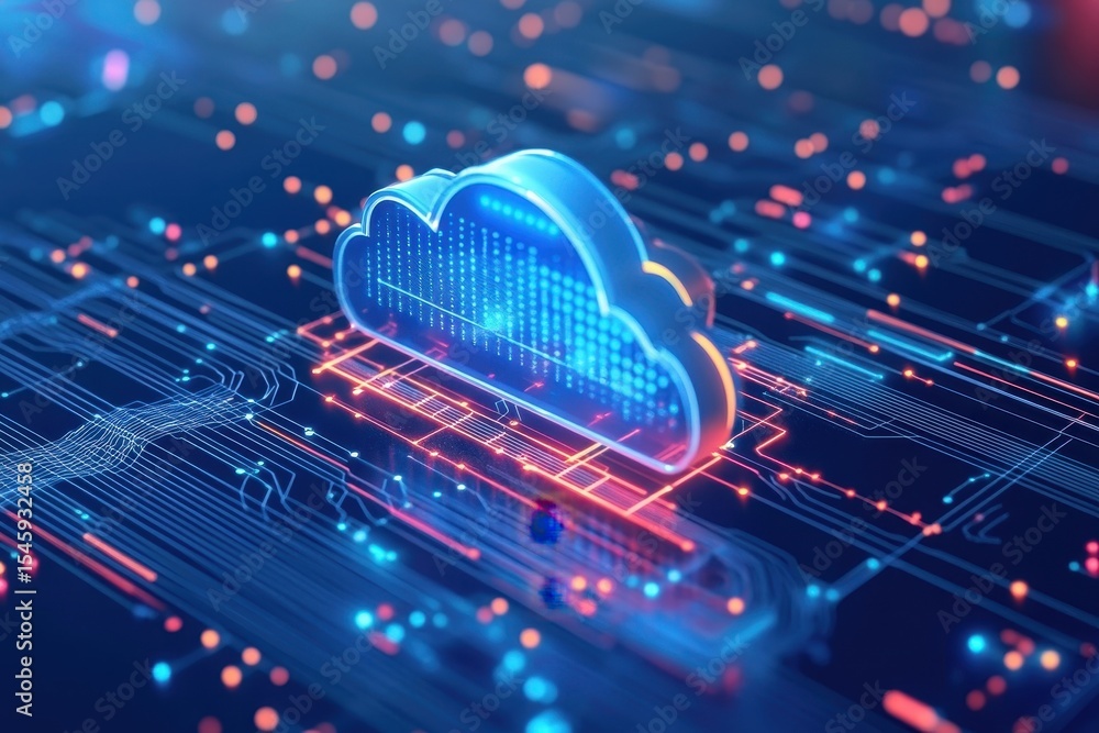 Poster cloud technology concept emphasizing security in digital infrastructure with modern design elements,