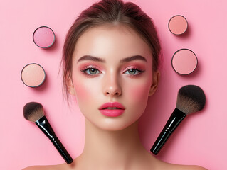 Woman with flawless makeup and pink blush poses against pink background, surrounded by makeup brushes and blush compacts. Her expression is serene and confident