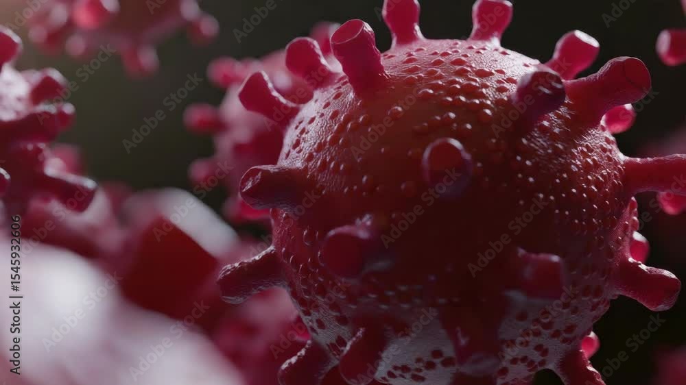 Poster a close up of a red virus with many spikes. the virus is surrounded by a red background