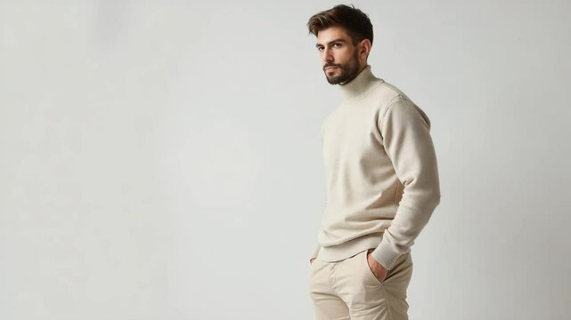 Young male adult model person beige turtleneck sweater pullover and pants, standing with hands pockets, looking relaxed and confident against plain light background, casual fashion style