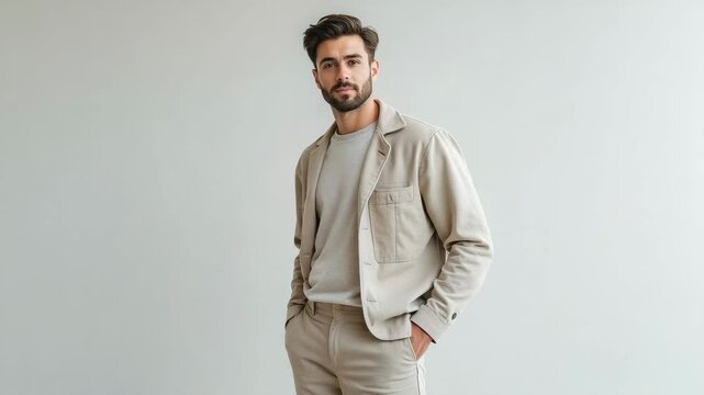 Confident young male adult model in beige suit jacket and pants with casual white t shirt, stylish and relaxed expression, posing against light background, modern casual fashion, minimalistic style