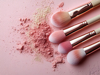 Makeup brushes with pink bristles and rose gold handles are arranged on textured pink surface with scattered pink and gold powder, creating soft and elegant aesthetic