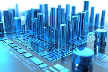 Obraz premium Big data visualization in blue graph form with sleek cylindrical structures and data analytics, Big data in blue graph form Seamless