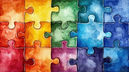 Watercolor puzzle pieces in vibrant rainbow colors