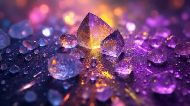 Colorful crystal gems and glowing gemstones with sparkling minerals reflective surface, vibrant dreamy lighting, magical atmosphere, and abstract colorful stone cluster, creating enchanting
