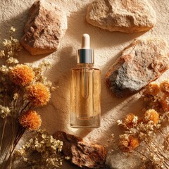 Amber serum bottle sits amidst dried flowers and stones on a beige surface, bathed in warm sunlight
