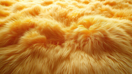 Close up view of soft, fluffy yellow fur texture, creating warm and cozy feeling. fur appears dense and plush, with light reflecting off fibers, enhancing its vibrant color
