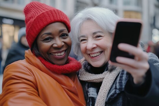 Senior women enjoying a fun moment together while sharing a smartphone in an urban setting, Senior woman showing something on her smartphone to her friend