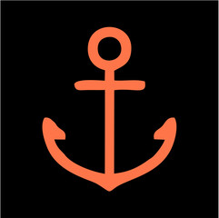 Minimalist Orange Anchor Icon on Black Background – Nautical Vector Symbol, A sleek and clean vector illustration of an orange anchor with bold outlines, centered on a black background. The design ble