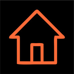 Minimalist Orange House Icon on Black Background – Real Estate and Home Design Vector,A sleek vector illustration of a house outlined in bright orange over a deep black background, emphasizing clean.