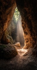 Sunbeam illuminates a narrow cave opening, revealing a dusty path and rock formations within the shadowy interior