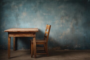 Weathered wooden table and chair against a textured, blue wall in a dimly lit room