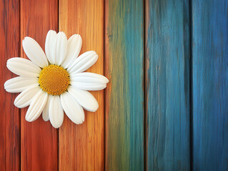 Obraz premium Single white daisy with yellow center lies vibrant, multicolored wooden background, creating striking contrast. wooden planks are painted shades of orange, blue, and green, enhancing flower
