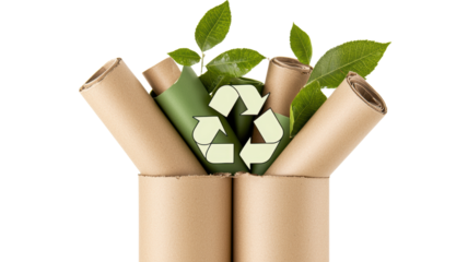 environmental policy climate change regulation, Recycled paper rolls with green leaves and a recycling symbol.