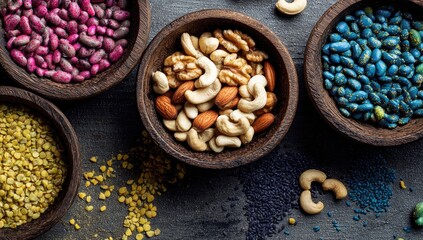 Overhead shot of colorful beans and assorted nuts in rustic wooden bowls on a dark surface; vibrant hues and textures