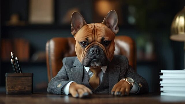 Funny business dog in suit sitting at office desk receiving documents, warm moody tones, humorous corporate scene, video background for business presentations, social media ads, creative branding