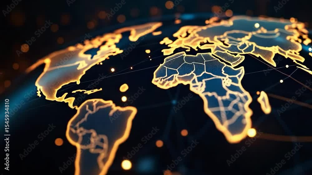 Poster glowing world map with illuminated continents, digital network lines, and highlighted borders repres