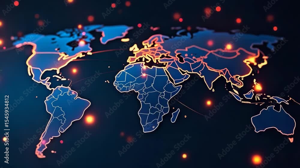Poster digital world map glowing lines and illuminated continents, global network technology blue backgroun