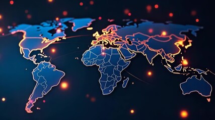 Digital world map glowing lines and illuminated continents, global network technology blue background with abstract modern international connection, futuristic data visualization, and communication - Powered by Adobe