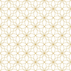 seamless pattern featuring delicate gold geometric floral motifs on a clean white background, perfect for elegant designs and textiles.

