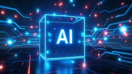 Futuristic glowing cube with AI text, artificial intelligence digital circuit lines, blue and red neon light, technology innovation, modern data network, glowing circuit, futuristic digital network - Powered by Adobe