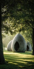 Three large, egg-shaped concrete structures nestled in a sun-dappled park setting, partially obscured by overhanging trees