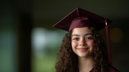 Young woman celebrates graduation with a smile in her cap and gown at a school event