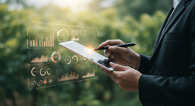 Businessperson uses tablet with digital data graphics