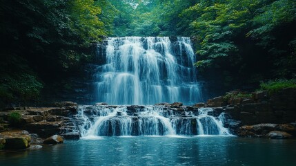 Fototapeta premium Cascading waterfall in a lush forest setting.