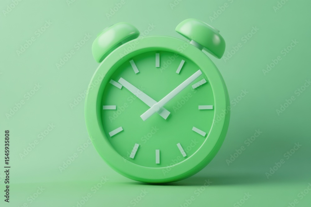 Poster bright green cartoon clock with check mark showcasing minimalist design for effective time managemen