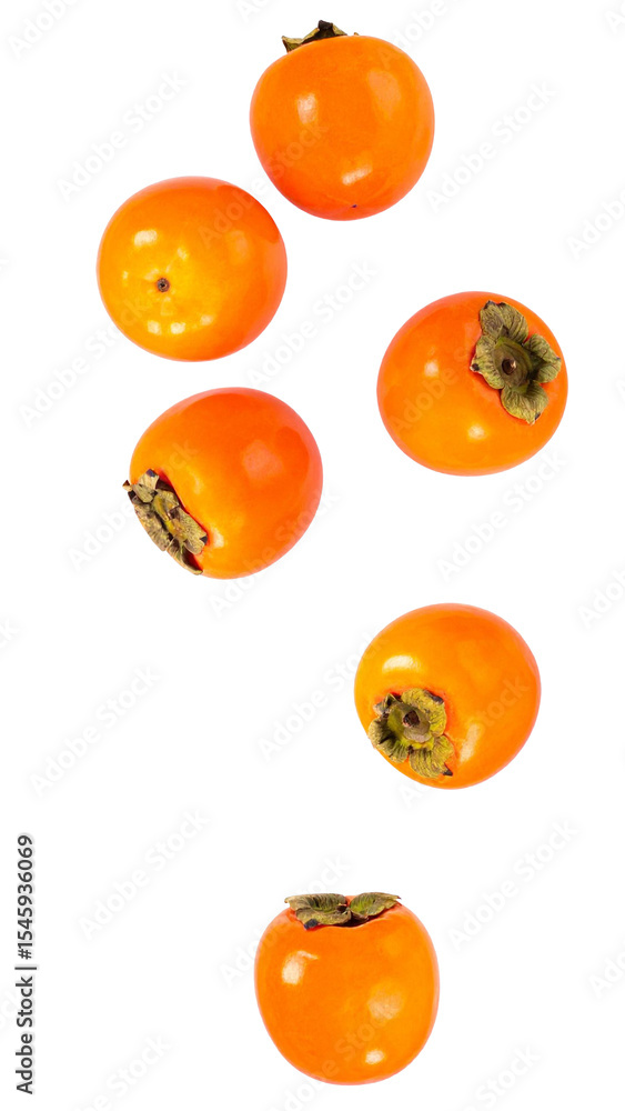 Poster ripe persimmons falling against a transparent background, creating a dynamic and appetizing visual