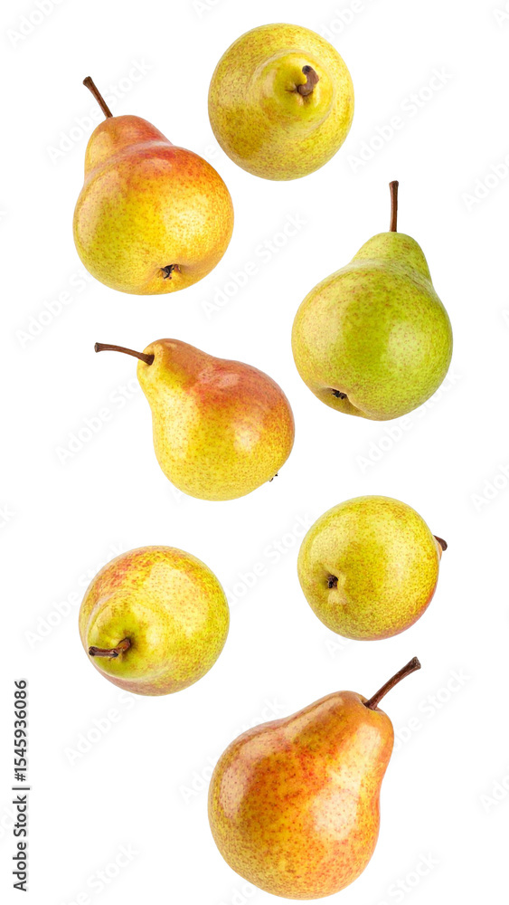 Poster fresh, ripe pears falling against a transparent background, creating a dynamic and appetizing image