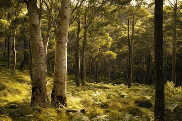 Explore the beauty of Tasmania's pristine forest and wildlife under soft golden light, Tasmania forest wildlife Beautiful tree in pristine woodland of Australia