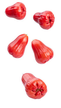 Five whole ripe, red wax apples falling against a transparent background, perfect for food and beverage projects