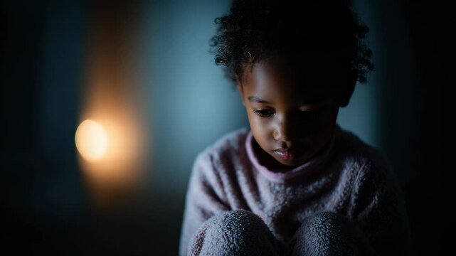 Young African American girl child sitting quietly in dim light, lost in thoughts and fear