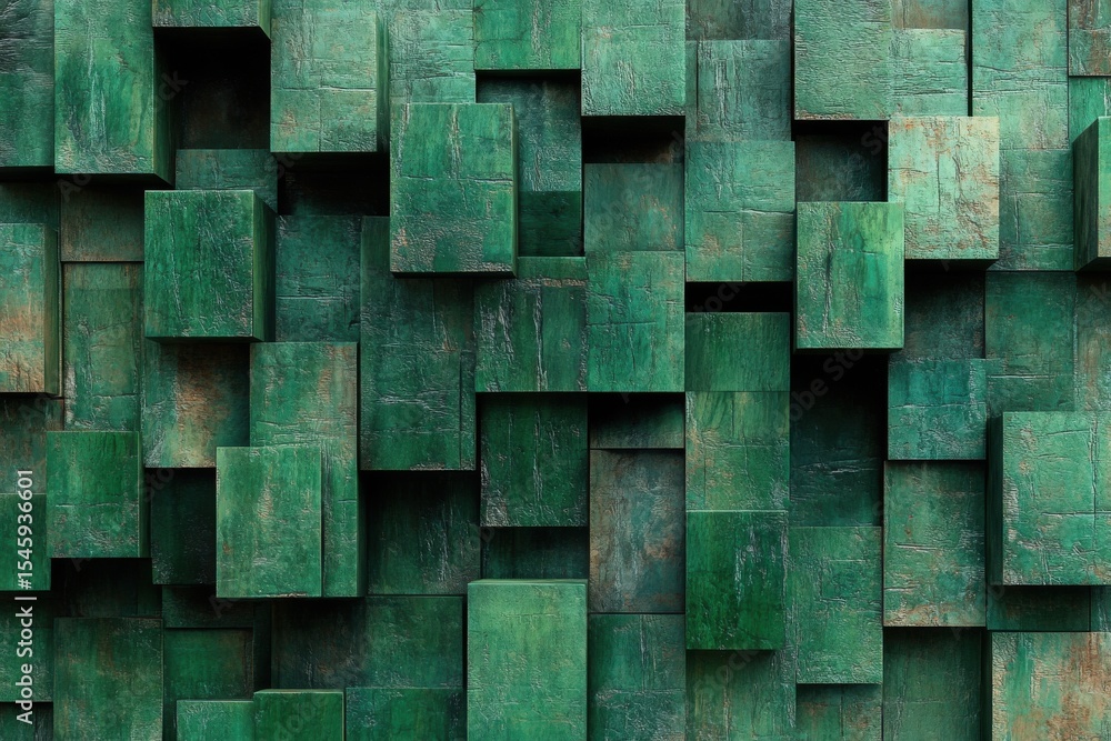 Poster green cubes create an abstract composition in a digital art piece showcasing depth and texture, gree