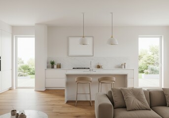 Modern open-plan kitchen and living room with frame mockup