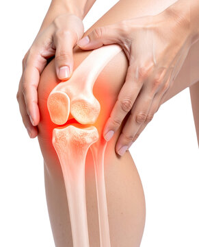 Hands holding a knee joint with highlighted inflammation, showing the anatomy of the bones and area of pain on transparent background.