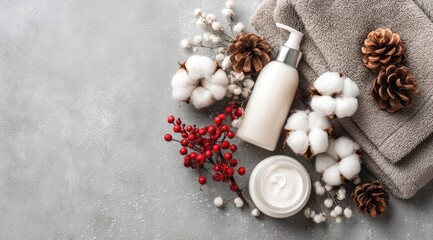 A flatlay of skincare products, including a pump bottle and jar, nestled amongst cotton, pine cones, and red berries on a textured grey surface, beside a folded towel