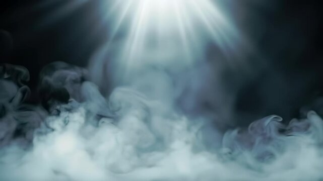 Ethereal light rays pierce through mystical smoke and fog on a dark, dramatic background, creating a heavenly and atmospheric effect with no people.