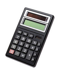 Black solar-powered calculator with numeric keypad and basic function buttons on transparent background.