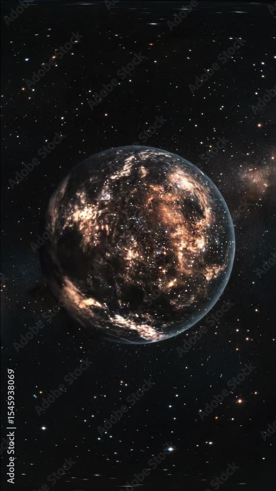 Poster a close up of a planet in space with a lot of stars surrounding it. the planet is surrounded by a lo