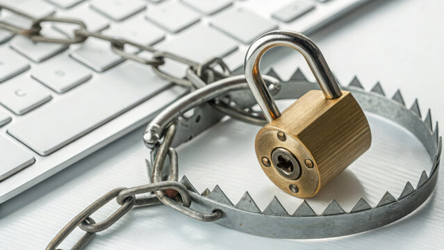 A computer keyboard is secured with a bear trap locked by a padlock, symbolizing cybersecurity and protection against digital threats.