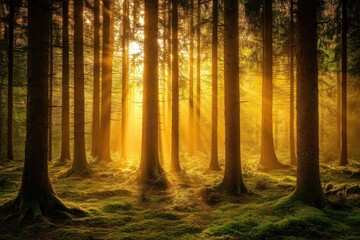 Golden sunlight filters through a tranquil forest, creating a serene, enchanting atmosphere during late afternoon, Tranquil forest scene with golden sunlight filtering through tall trees at dawn