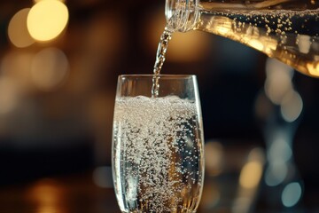 Pouring fresh pure sparkling water into a glass at a cozy indoor setting with warm lighting, Pouring fresh pure sparkling water from bottle into a glass