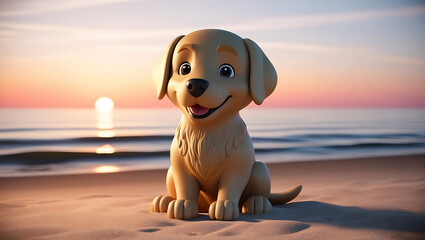 A cheerful cartoon golden retriever puppy sits on the beach