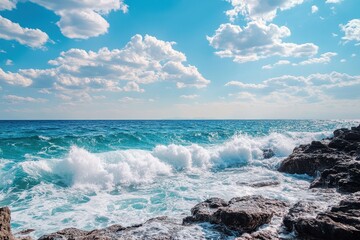 Ocean waves crash against rocky shore under a bright blue sky with scattered clouds, Ocean waves crashing against rocky shore under cloudy sky