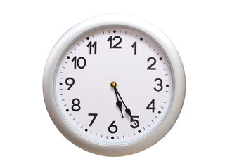 Round Silver Wall Clock Showing 05:25 or 17:25 Isolated-White. Useful for concepts like noon,...