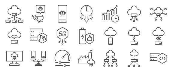 edge computing icon set. It included cloud, iot, internet, device, network, and more icons. Editable Vector Stroke.
