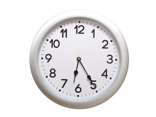 Round Silver Wall Clock Showing 06:25 or 18:25 Isolated-White. Useful for concepts like noon, midnight, deadline, countdown, or time management.